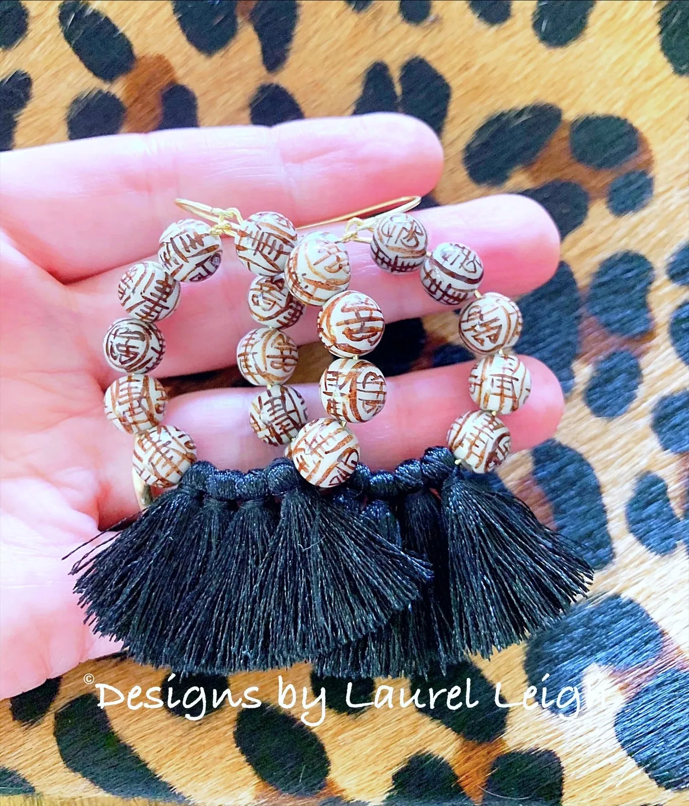 Chinoiserie Beaded Tassel Hoops - Black/Brown