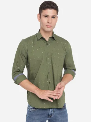 Chive Green Printed Slim Fit Casual Shirt | Greenfibre