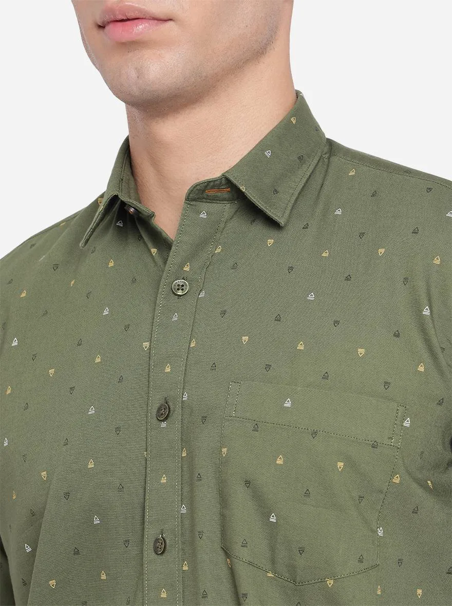 Chive Green Printed Slim Fit Casual Shirt | Greenfibre