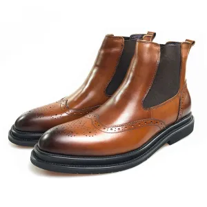 Classic Brown Leather Wingtip Men Chelsea Boots