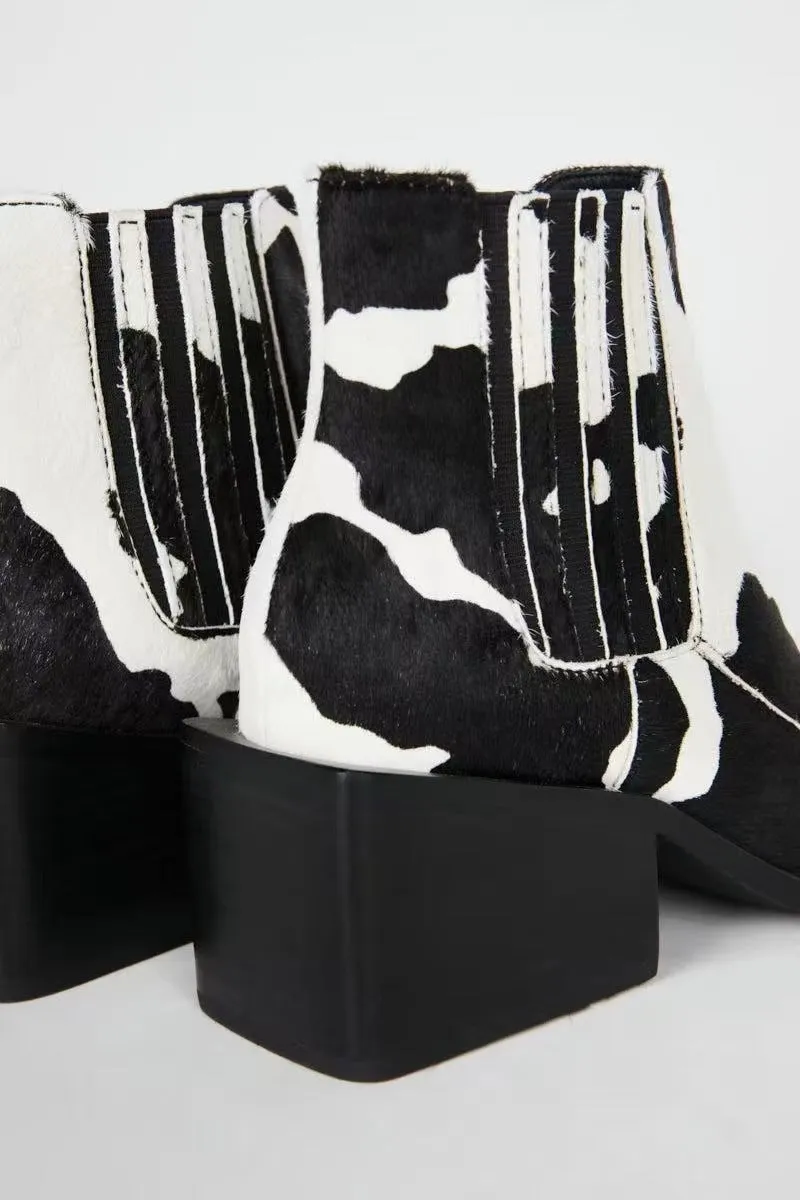 Cow Print Square Toe Chelsea Boots