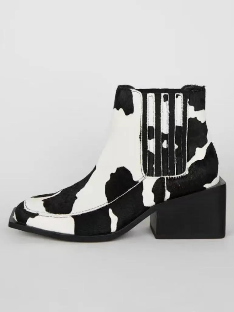 Cow Print Square Toe Chelsea Boots