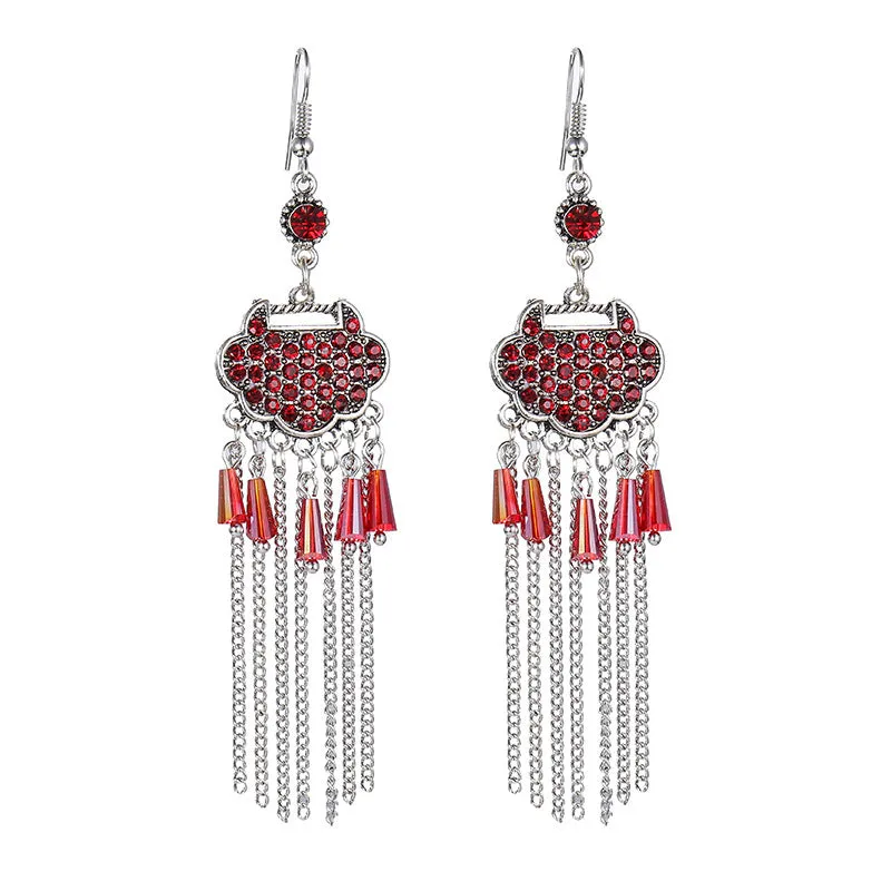 Creative Long Life Lock Retro Tassel Earrings Women's Full Diamond Long Style Temperament Earrings