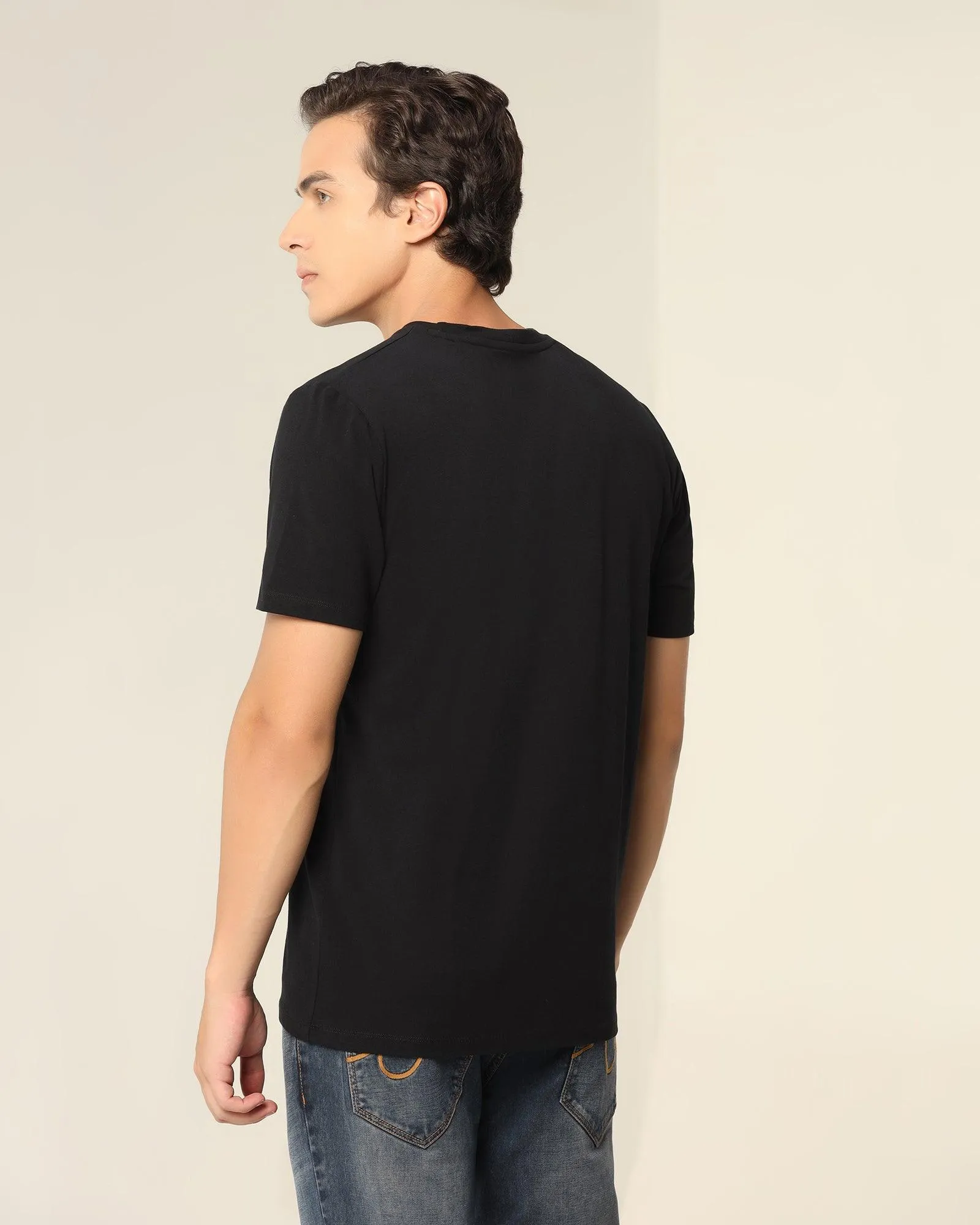 Crew Neck Black Solid T-Shirt - Dino