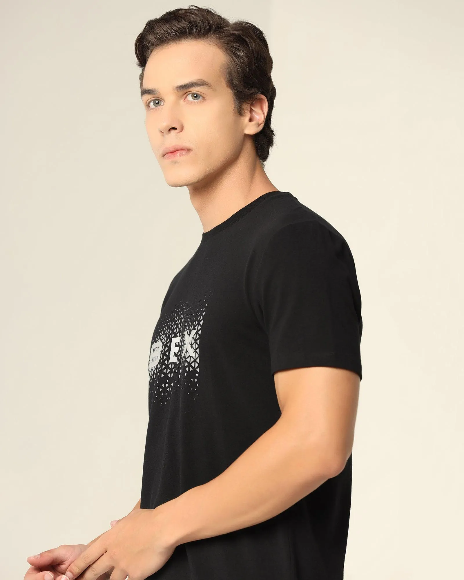 Crew Neck Black Solid T-Shirt - Dino