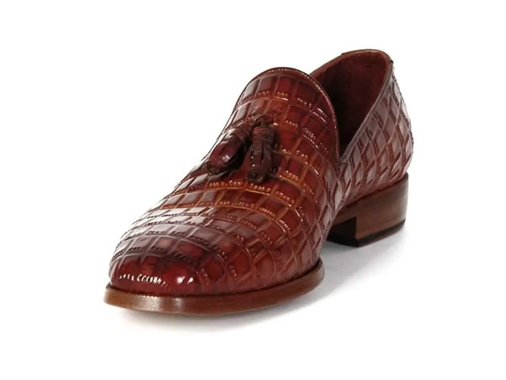 Custom Hand-Painted Brown Crocodile-Embossed Calfskin Slip-On Tassel Loafers