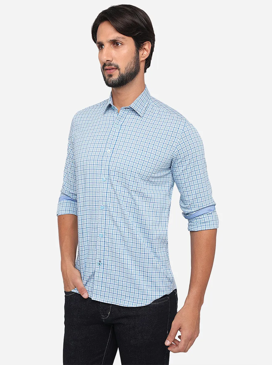 Cyan Blue Checked Slim Fit Semi Casual Shirt | Greenfibre