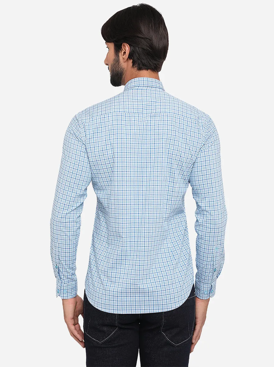 Cyan Blue Checked Slim Fit Semi Casual Shirt | Greenfibre