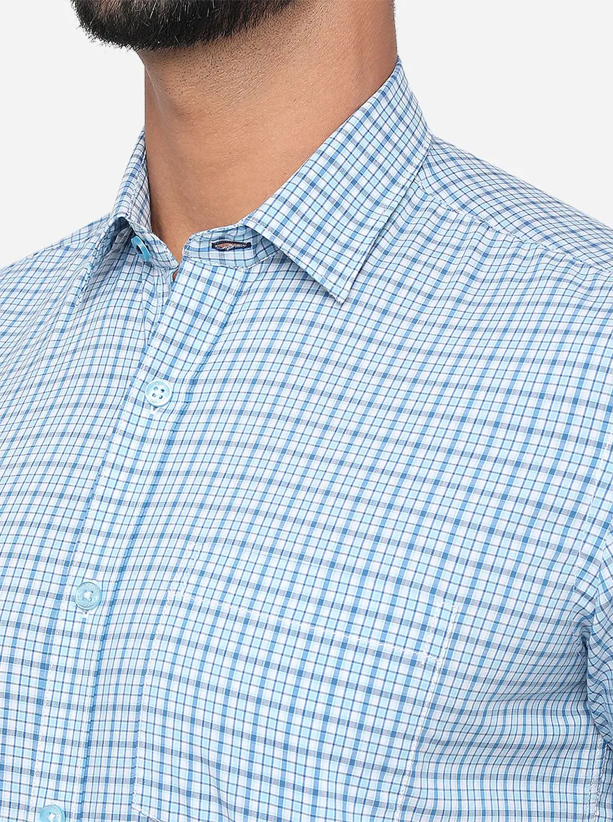 Cyan Blue Checked Slim Fit Semi Casual Shirt | Greenfibre