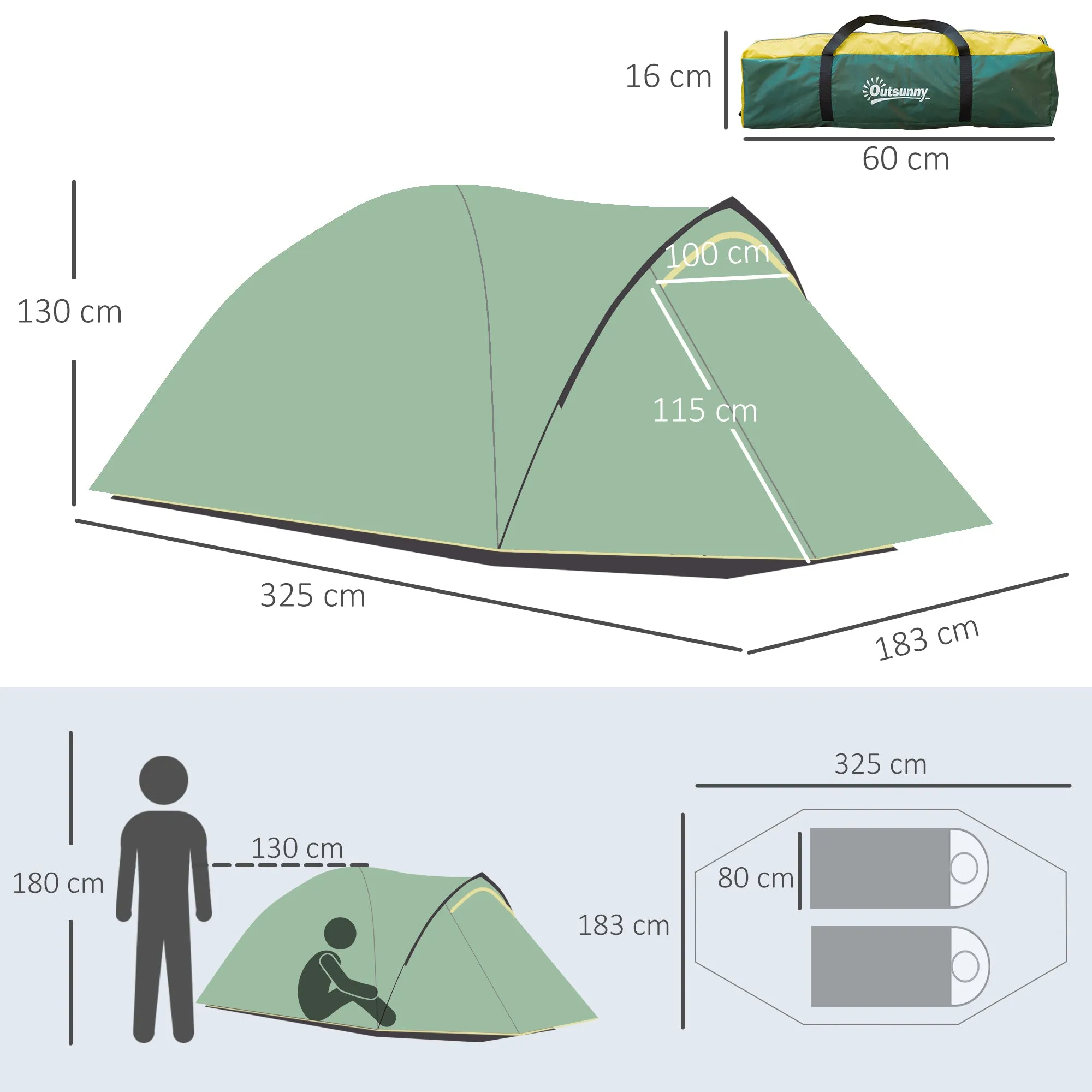 Dome Tent for 2 Person Camping Tent with Large Windows, Waterproof Green and Yellow