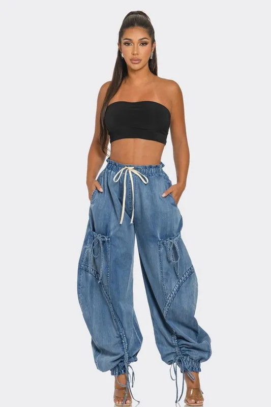 Drawstring Denim Cargo Pants