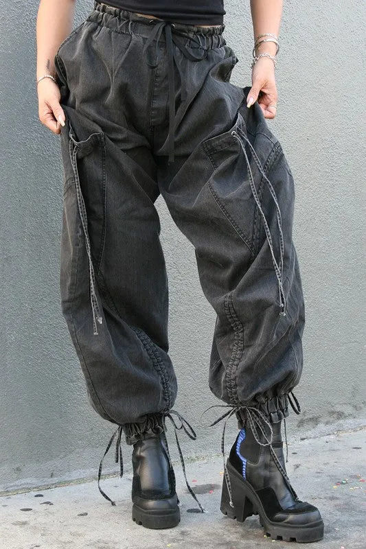 Drawstring Denim Cargo Pants