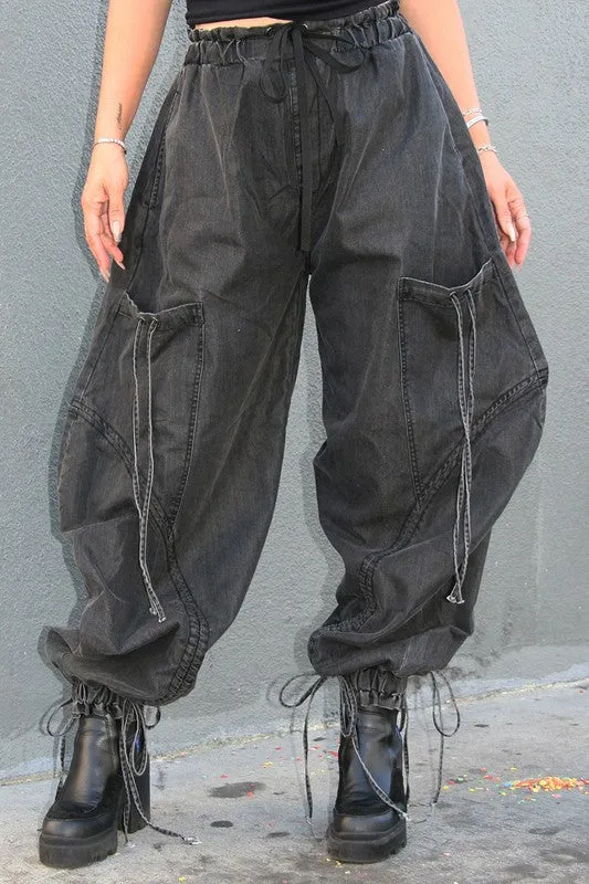 Drawstring Denim Cargo Pants