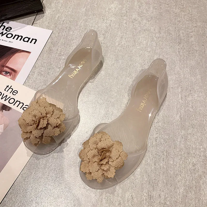 DUNNMALL  果冻凉鞋女花朵鱼嘴透明塑料防滑女鞋春夏新款平底时尚韩版果冻鞋