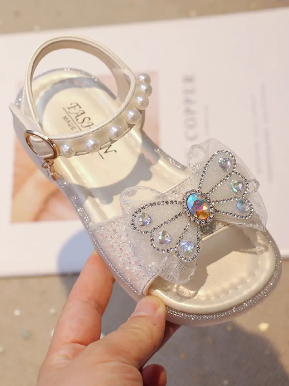 Elegant Girls' Sparkly Butterfly Sandals with Pearl Ankle Strap By Liv and Mia