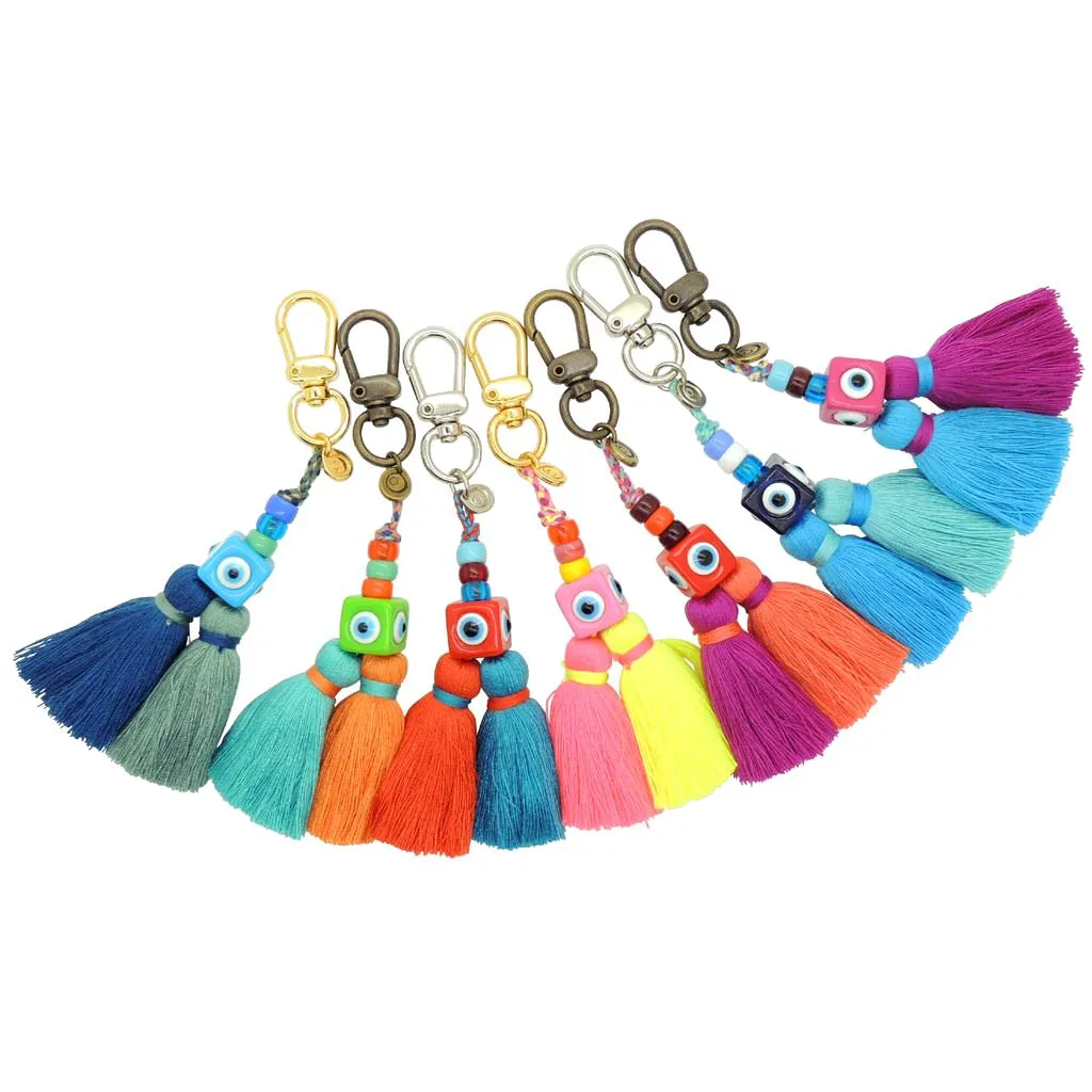 Evil Eye Cube Charm Tassel Duo Bag Charm