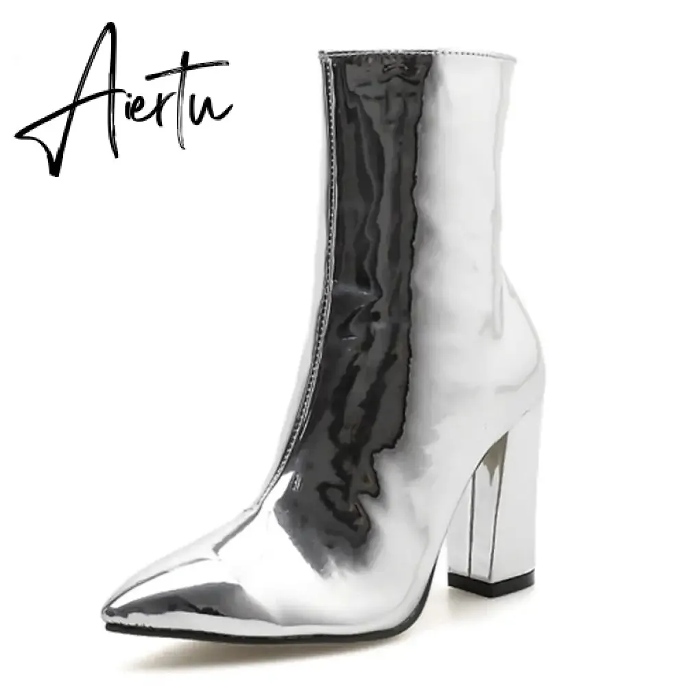 Fashion Gold Silver Patent Leather Women Ankle Boots Pointed Toe Square High Heels Shoes Chelsea Botas De Mujer