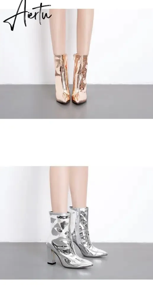 Fashion Gold Silver Patent Leather Women Ankle Boots Pointed Toe Square High Heels Shoes Chelsea Botas De Mujer