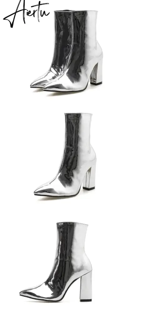 Fashion Gold Silver Patent Leather Women Ankle Boots Pointed Toe Square High Heels Shoes Chelsea Botas De Mujer