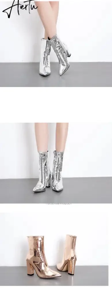 Fashion Gold Silver Patent Leather Women Ankle Boots Pointed Toe Square High Heels Shoes Chelsea Botas De Mujer