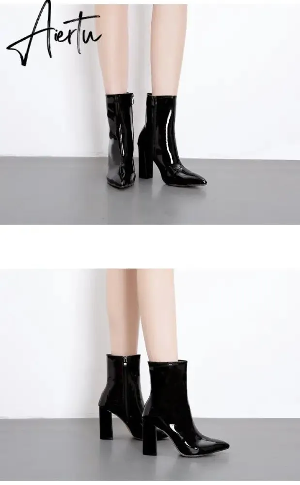 Fashion Gold Silver Patent Leather Women Ankle Boots Pointed Toe Square High Heels Shoes Chelsea Botas De Mujer