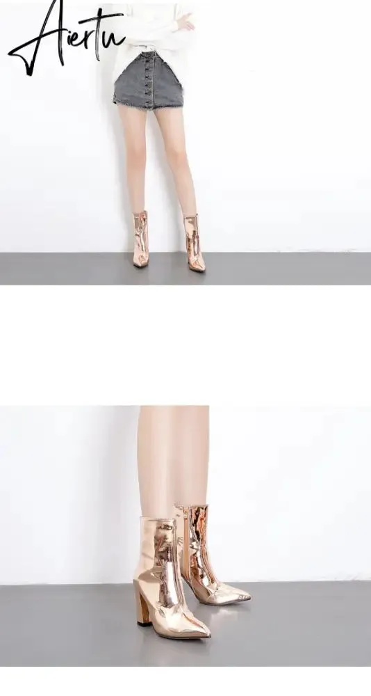 Fashion Gold Silver Patent Leather Women Ankle Boots Pointed Toe Square High Heels Shoes Chelsea Botas De Mujer