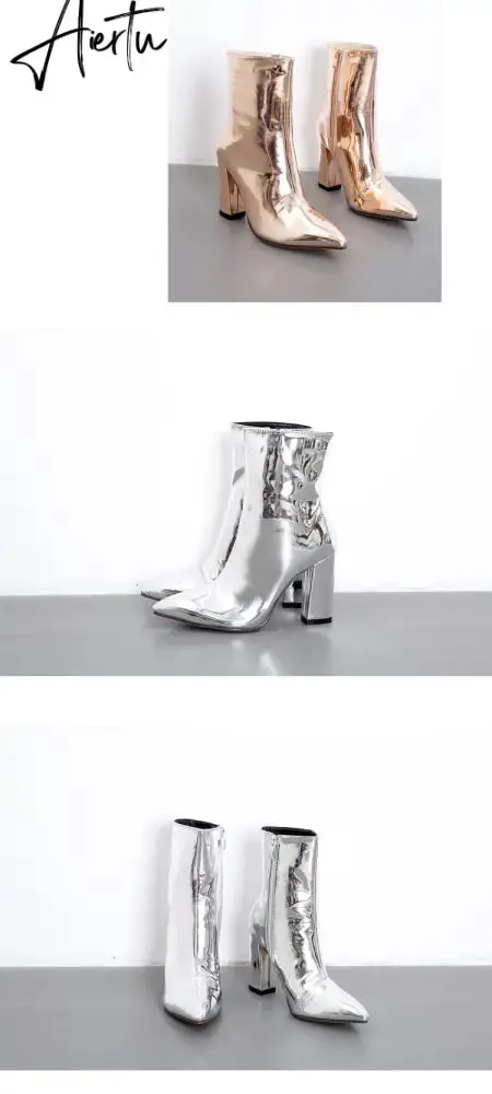 Fashion Gold Silver Patent Leather Women Ankle Boots Pointed Toe Square High Heels Shoes Chelsea Botas De Mujer