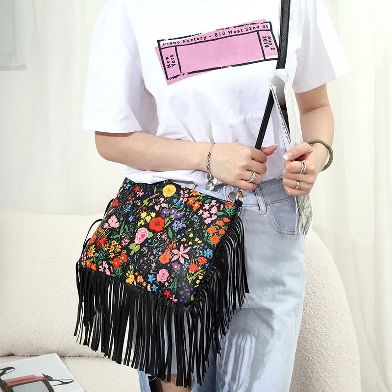 Fashionable and Personalized Printed Tassel Bag, One Shoulder Crossbody Bag, Rose Large Bag, Women's Bag