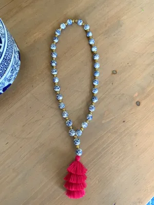 Floral Blue and White Porcelain Bead Tassel Necklace