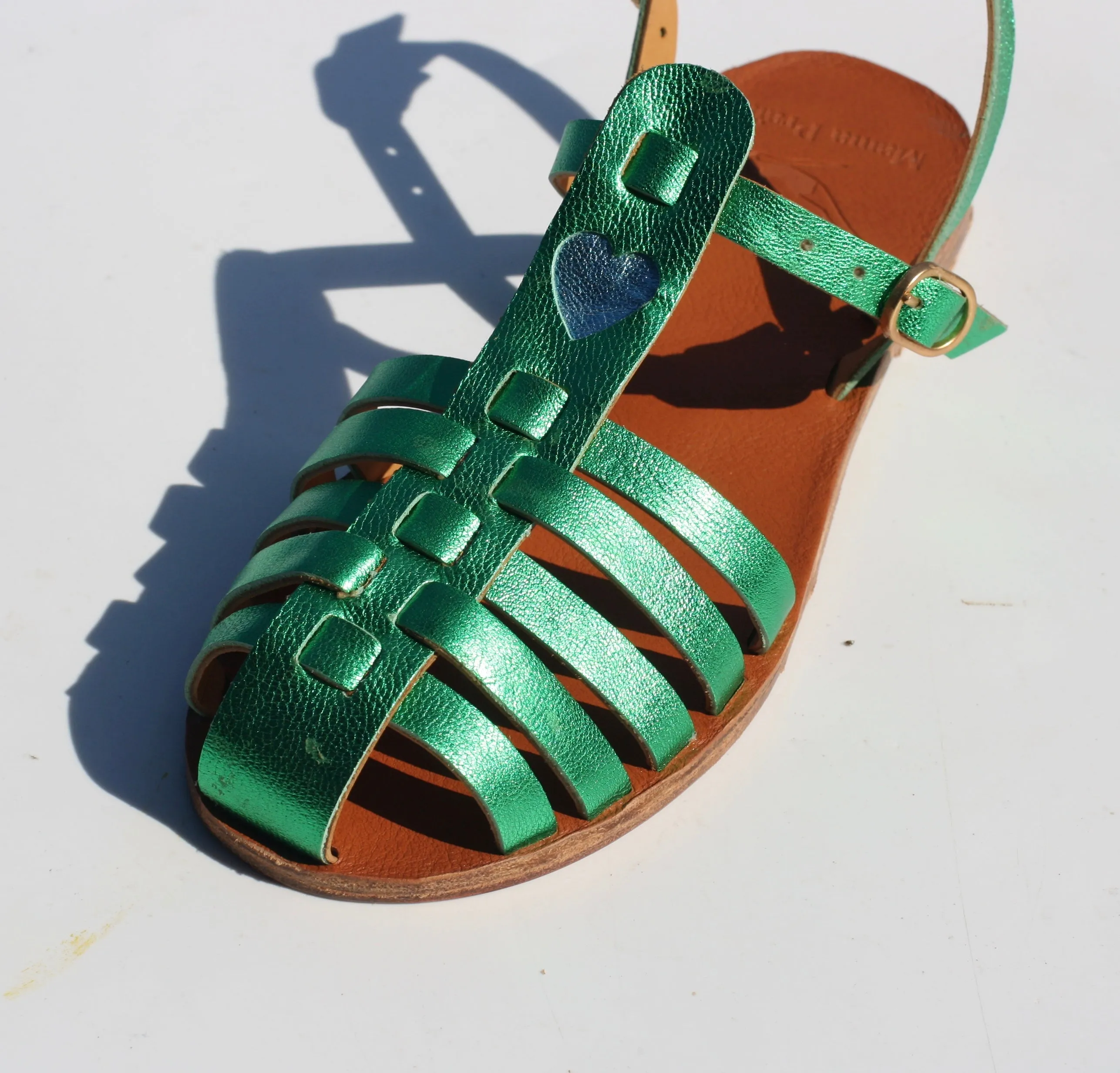 Funky Green   Blue Heart - Camel Sole - Fisherman Sandals