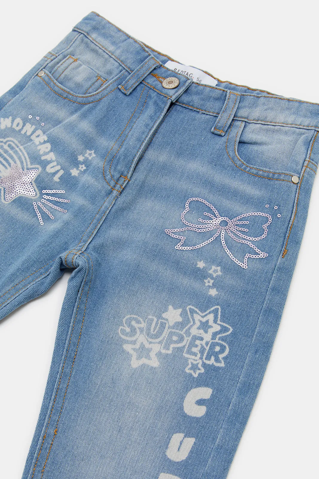 Girls Blue Sequin Embroidery Jeans