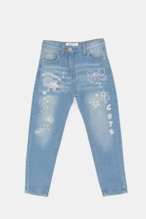 Girls Blue Sequin Embroidery Jeans