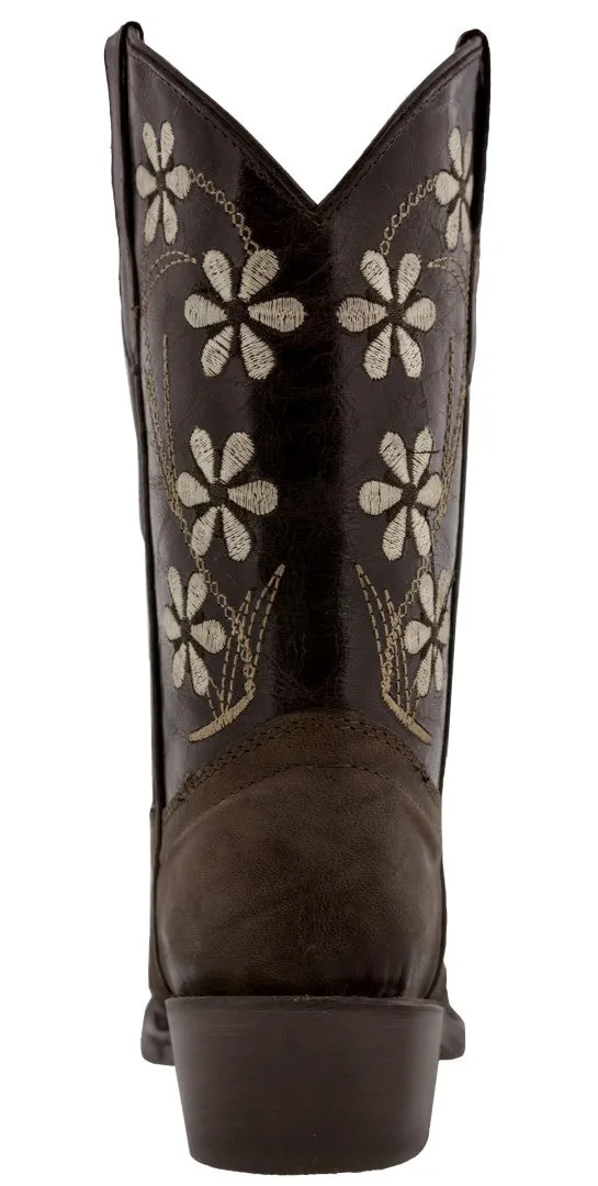 Girls Dark Brown Leather Floral Embroidered Cowgirl Boots - Snip Toe