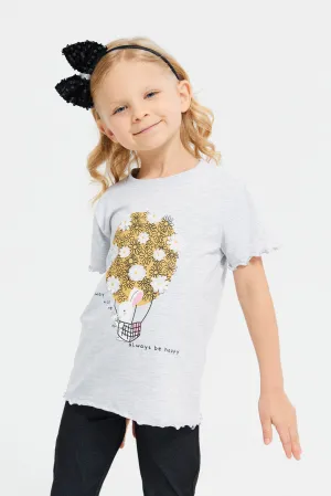 Girls Grey Embellished With 3D Work At Chest T-Shirt