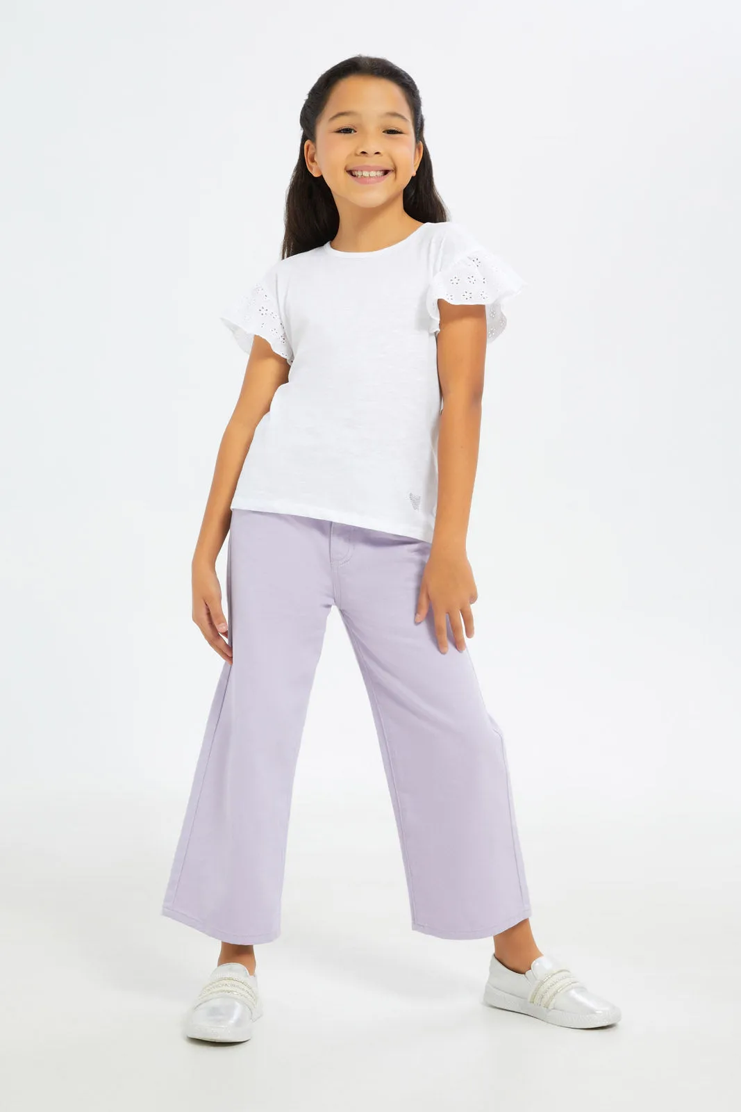 Girls Lilac Plain Wide Leg Jeans