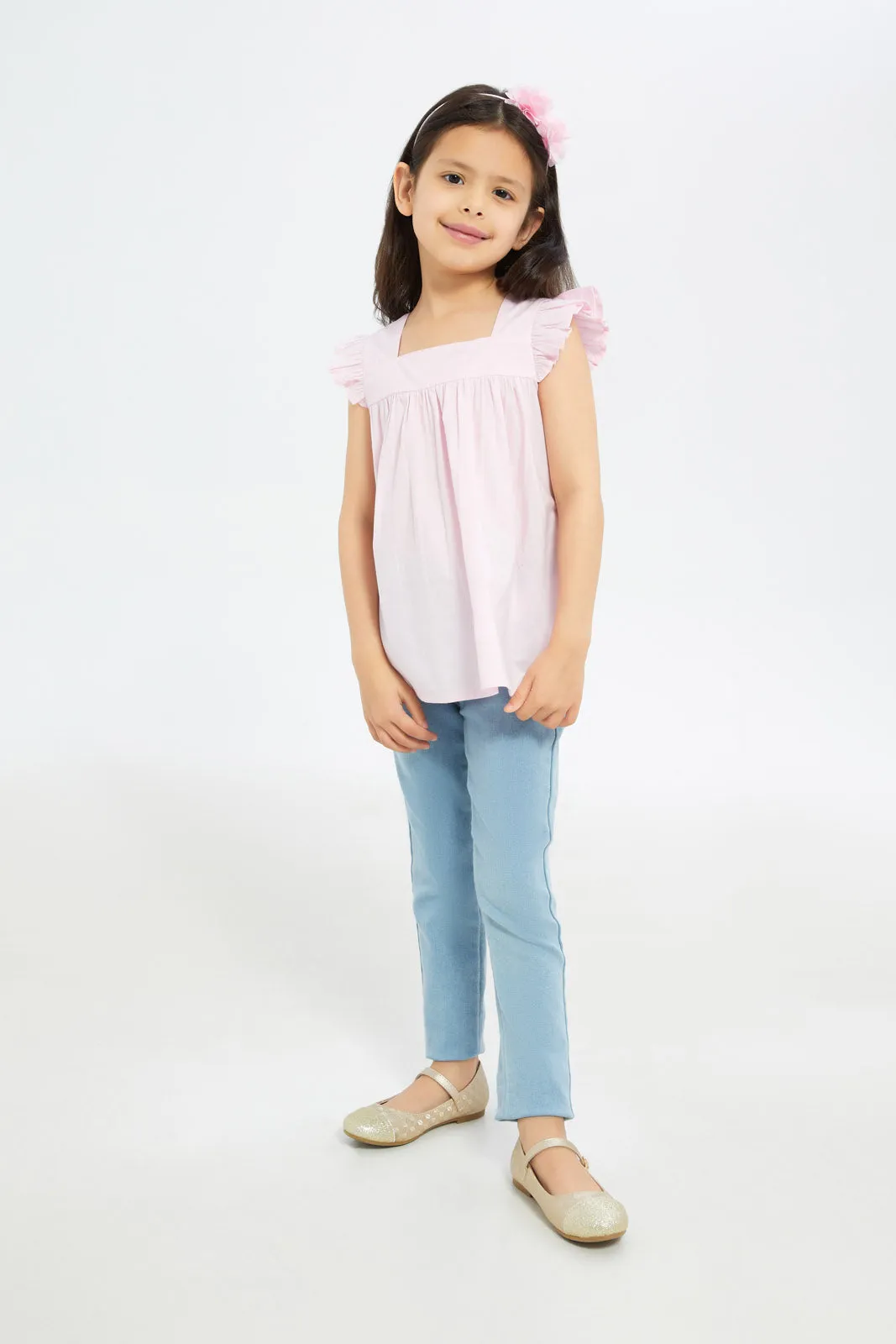 Girls Pink Ruffle Poplin Co-Ord Blouse