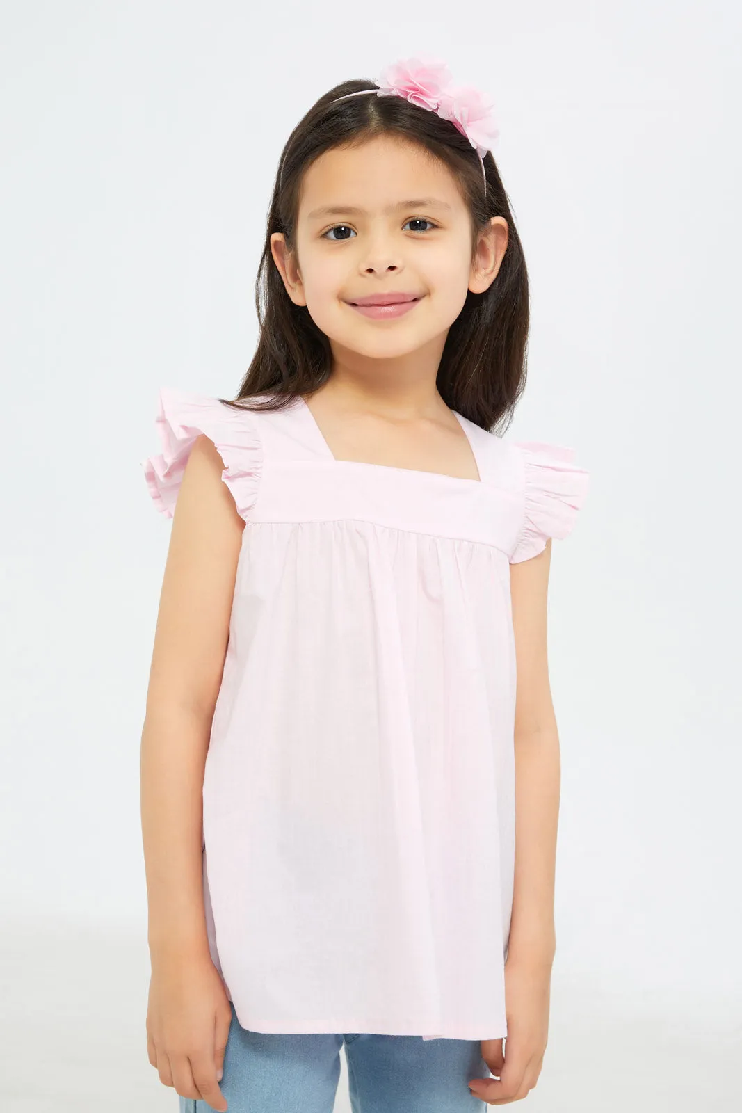 Girls Pink Ruffle Poplin Co-Ord Blouse