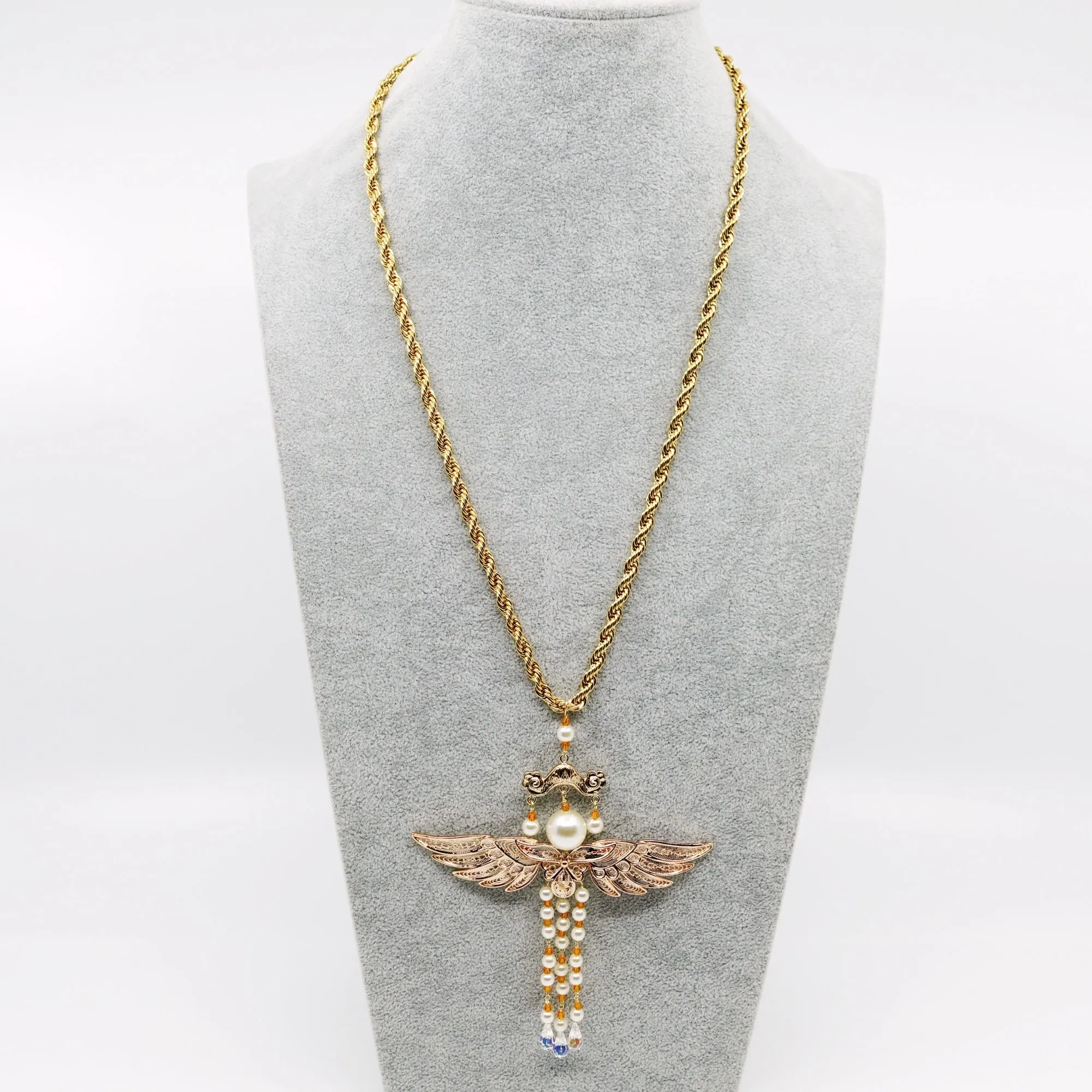 Gold Phoenix Wing Pearl Tassel Necklace