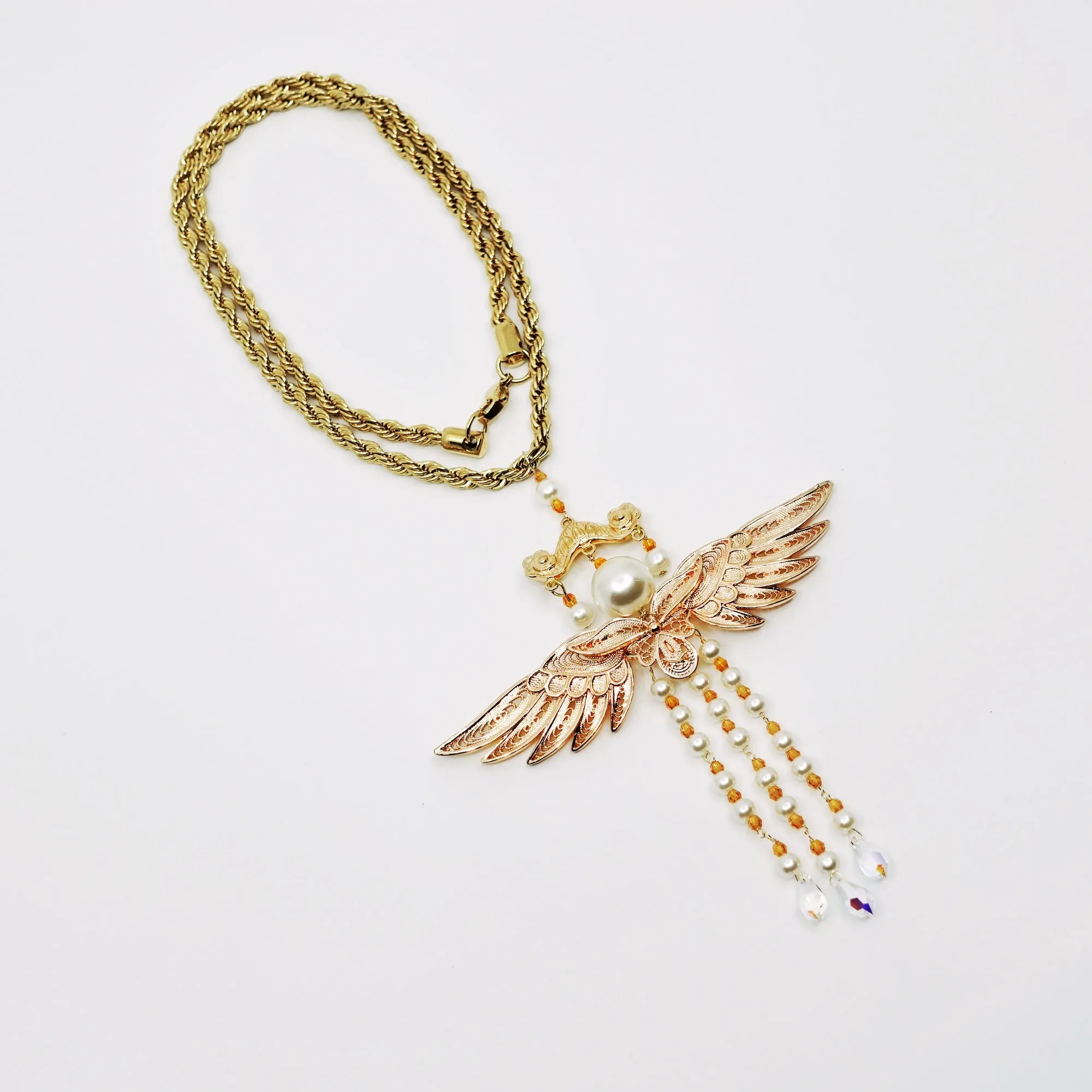 Gold Phoenix Wing Pearl Tassel Necklace