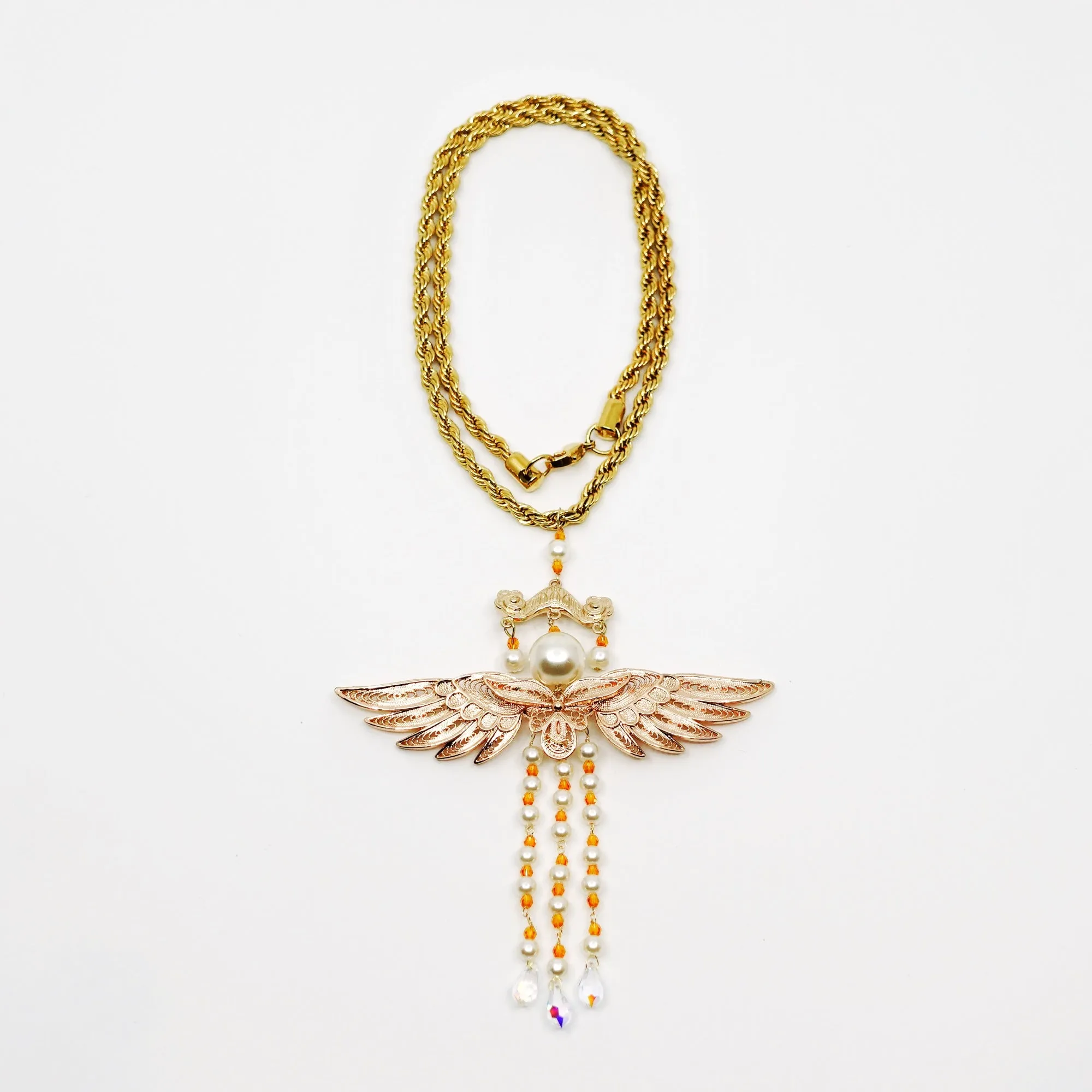 Gold Phoenix Wing Pearl Tassel Necklace