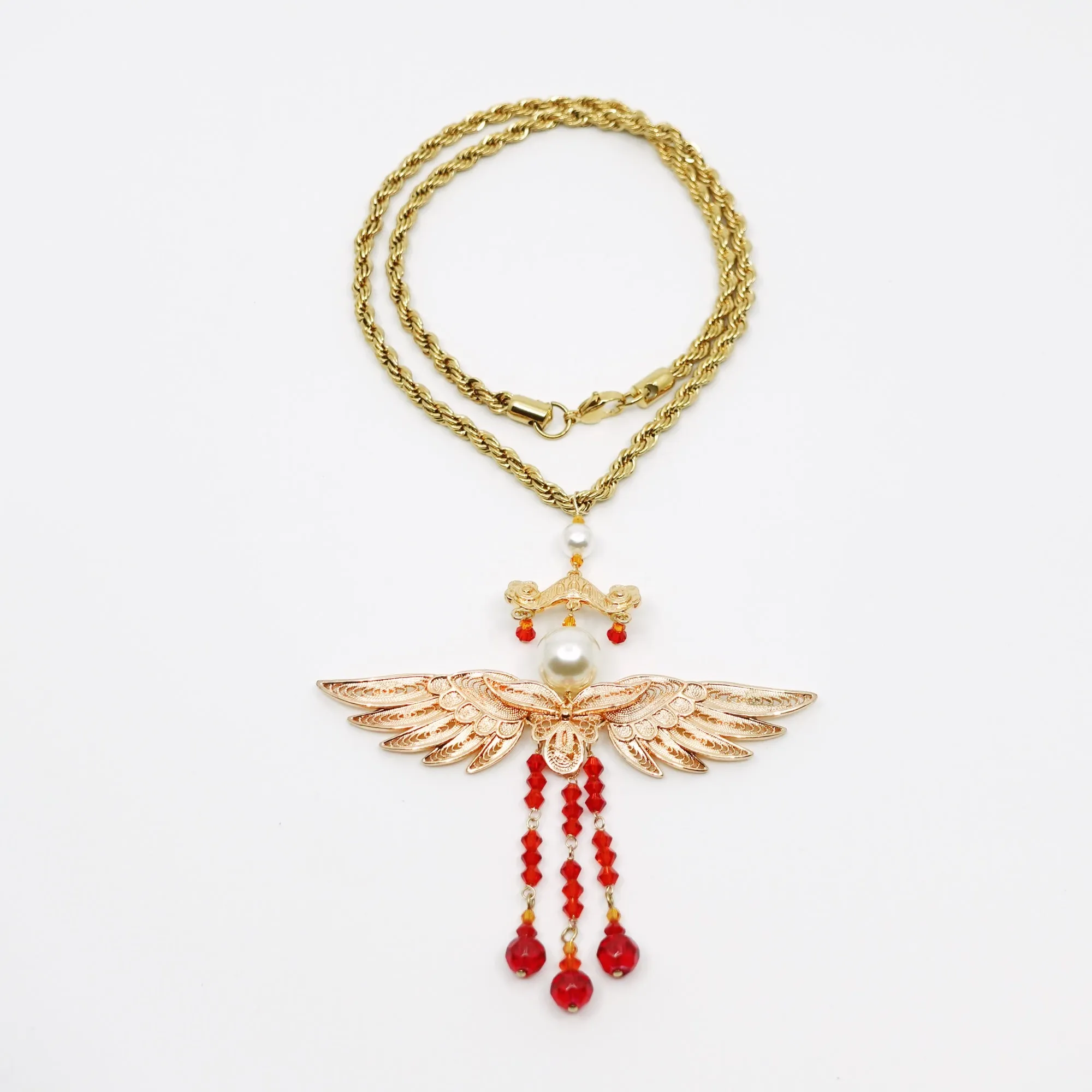 Gold Phoenix Wing Red Tassel Necklace