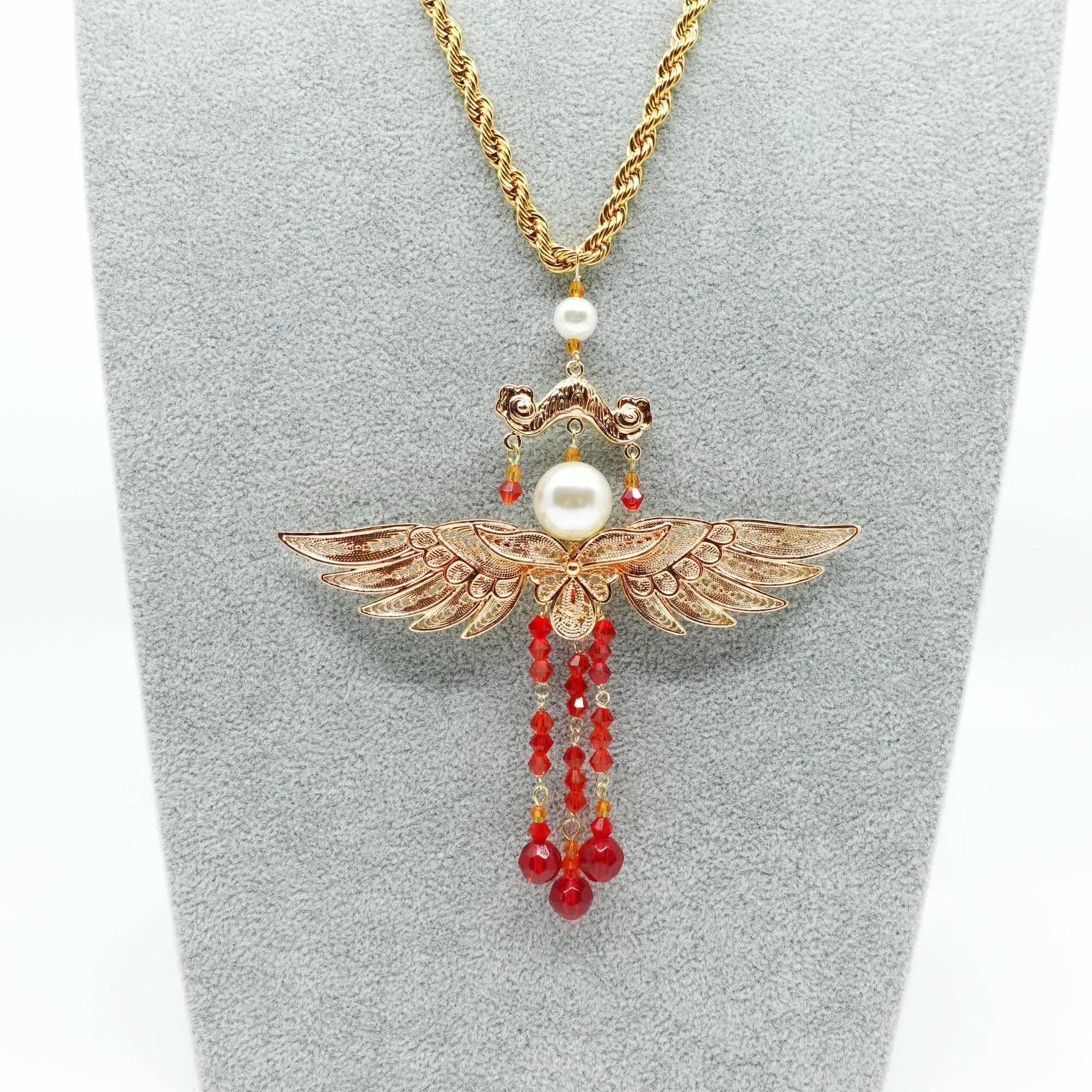 Gold Phoenix Wing Red Tassel Necklace