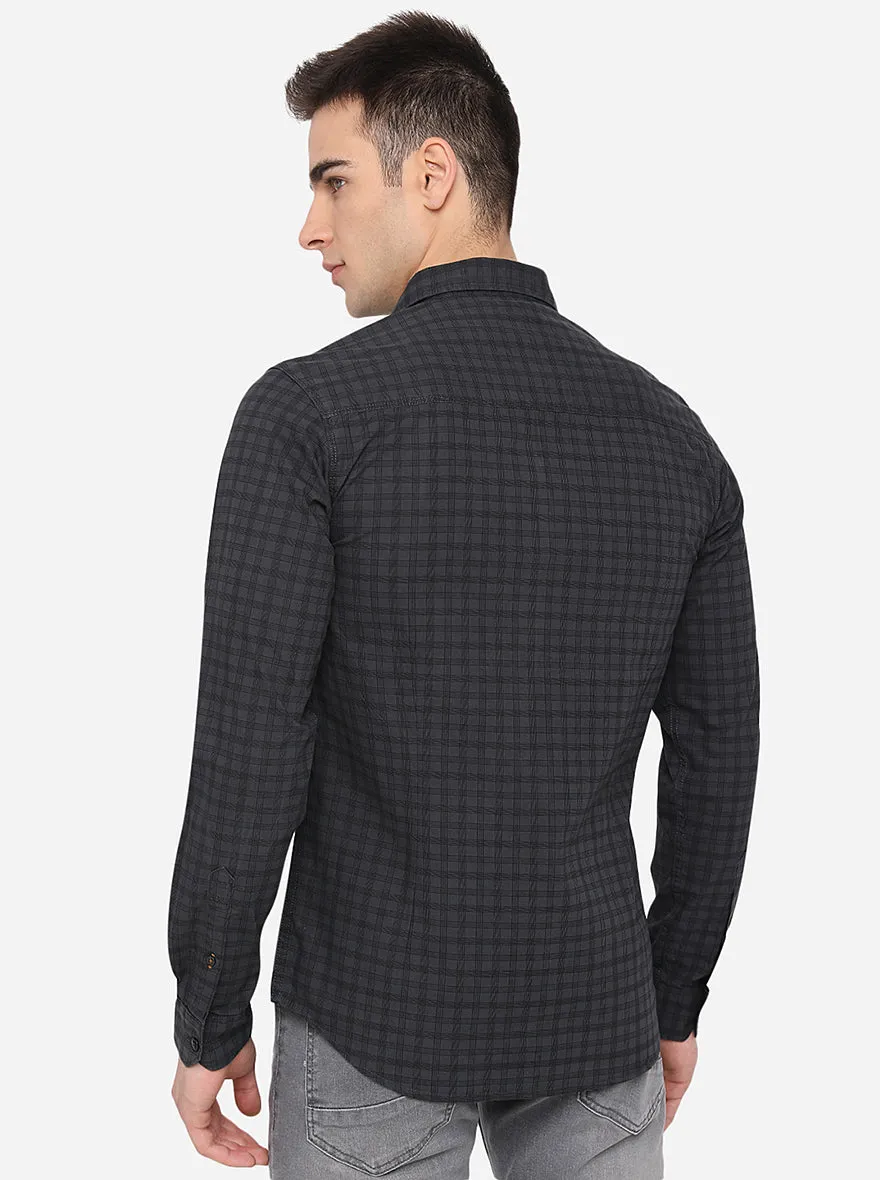 Grape Leaf Grey Checked Slim Fit Casual Shirt | Greenfibre