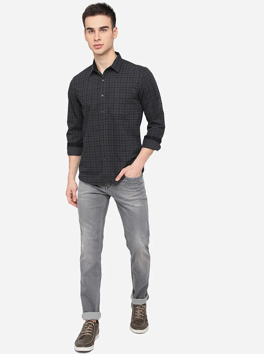 Grape Leaf Grey Checked Slim Fit Casual Shirt | Greenfibre