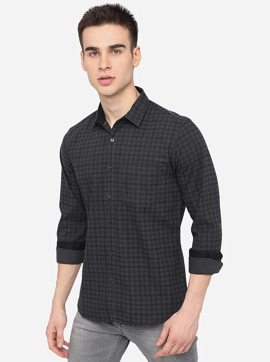 Grape Leaf Grey Checked Slim Fit Casual Shirt | Greenfibre