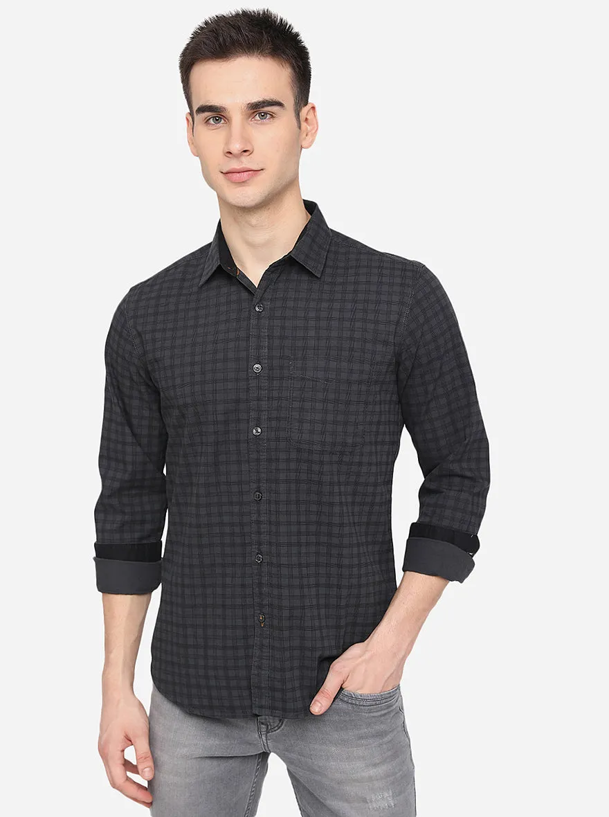 Grape Leaf Grey Checked Slim Fit Casual Shirt | Greenfibre