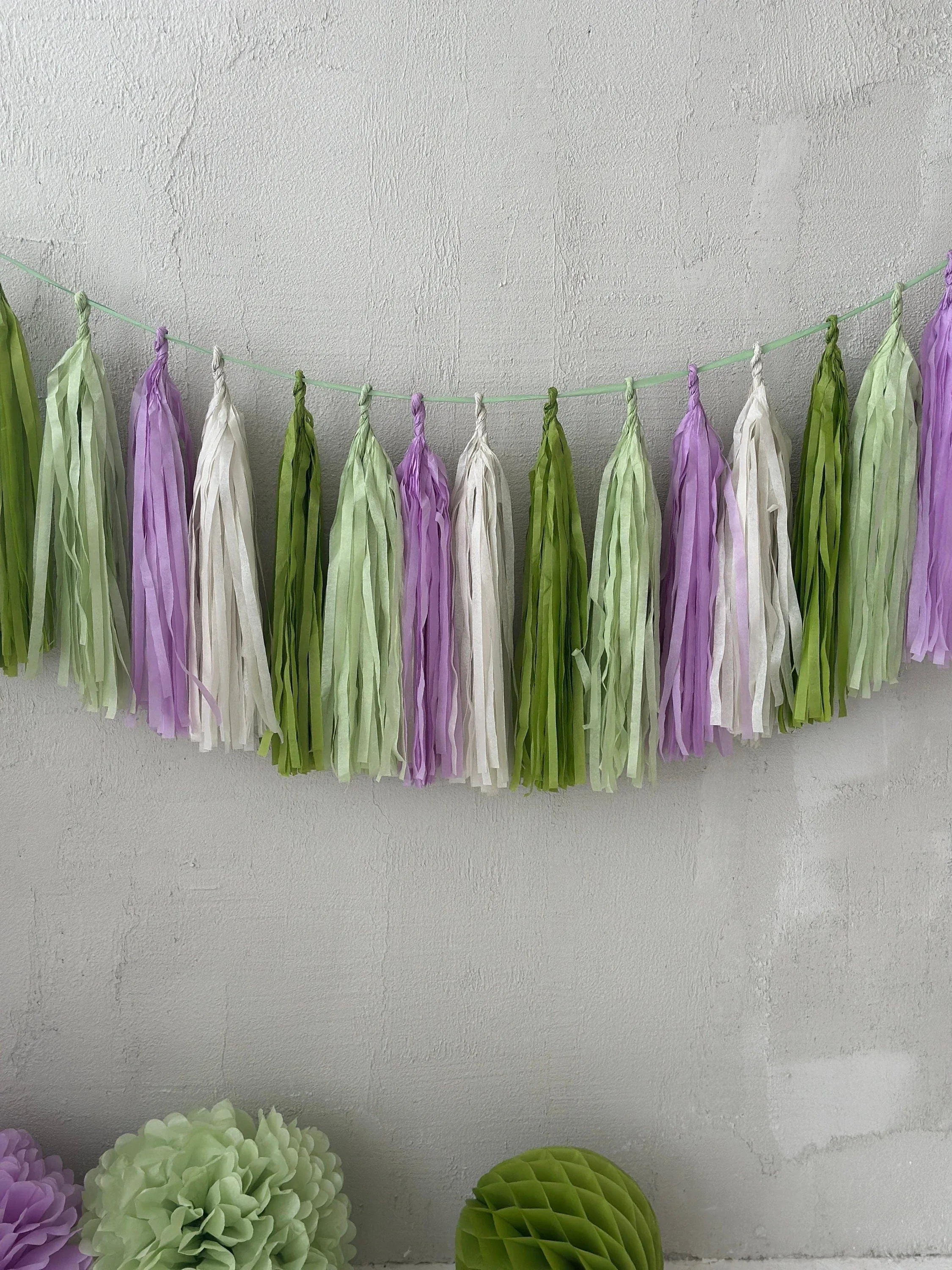 Green and lilac Paper Tassel Garland finge bunting Birthday garland paper decorations Fringe garland baby shower bridal shower balloon tail