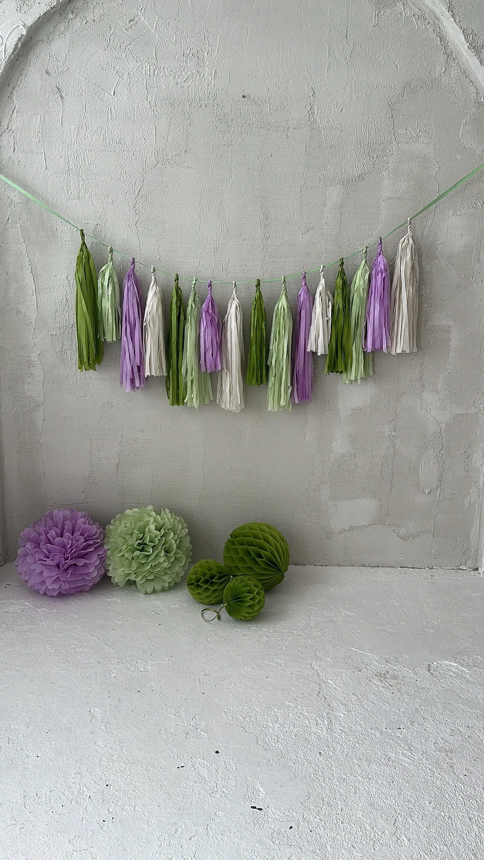 Green and lilac Paper Tassel Garland finge bunting Birthday garland paper decorations Fringe garland baby shower bridal shower balloon tail