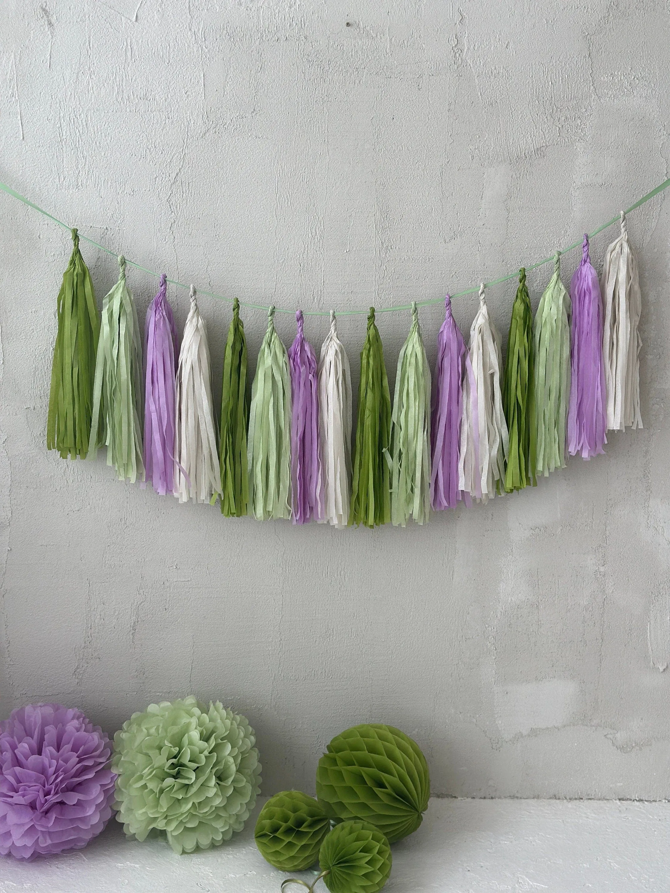 Green and lilac Paper Tassel Garland finge bunting Birthday garland paper decorations Fringe garland baby shower bridal shower balloon tail