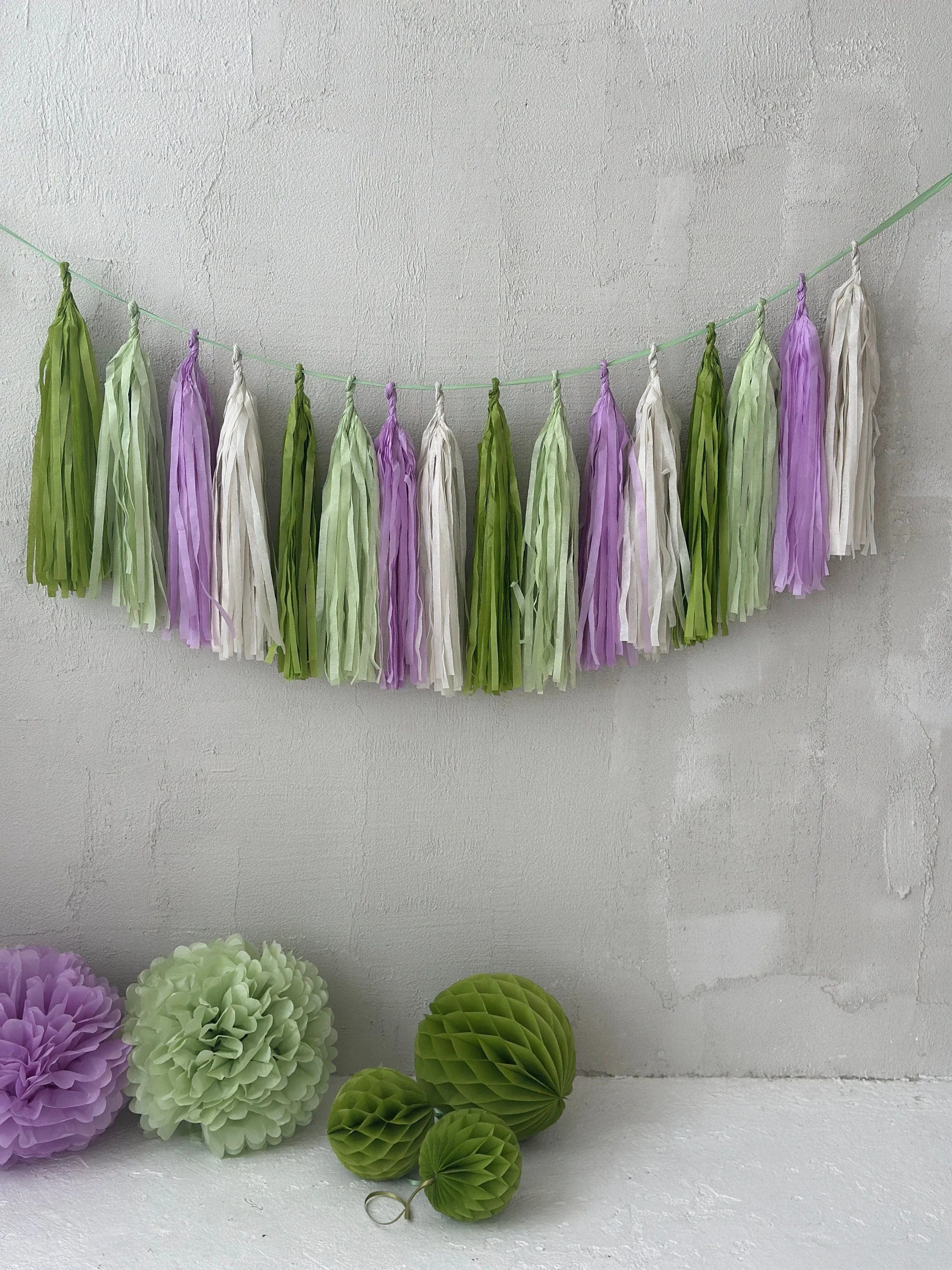 Green and lilac Paper Tassel Garland finge bunting Birthday garland paper decorations Fringe garland baby shower bridal shower balloon tail